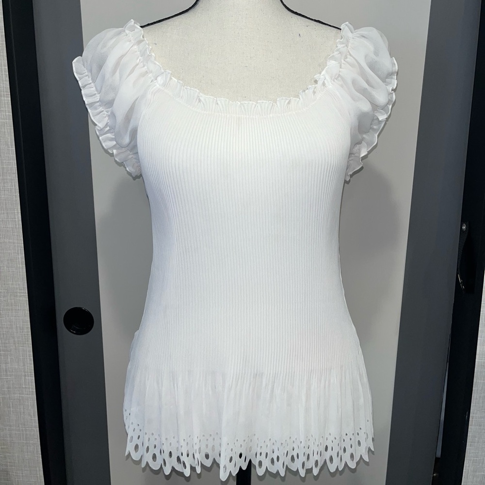Piano White Ruffled Women's Top Medium